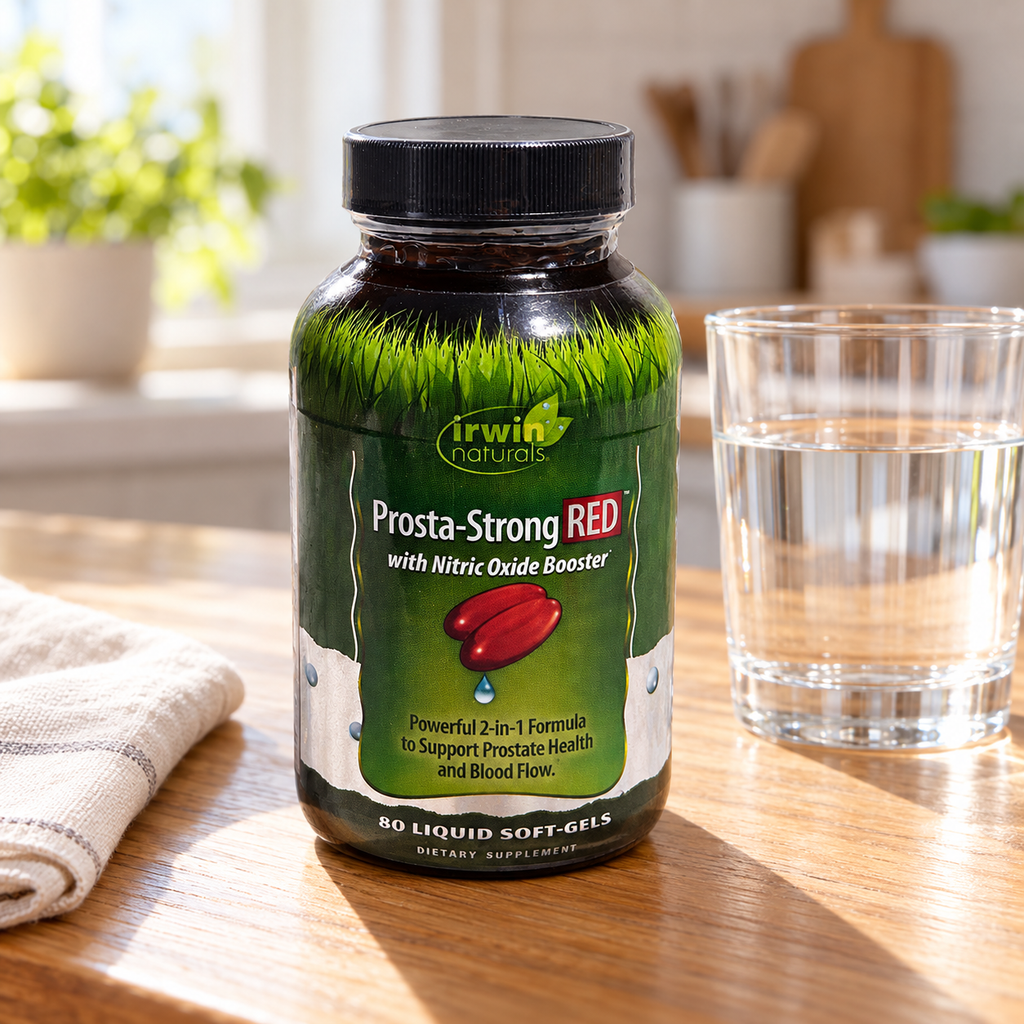 Irwin Naturals Prosta-Strong RED 80-soft-gel bottle on an oak table beside water and linen.