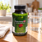 Irwin Naturals Prosta-Strong RED 80-soft-gel bottle on an oak table beside water and linen.