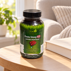 Irwin Naturals Prosta-Strong RED bottle on a maple side table beside a closed cream book.
