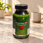 Irwin Naturals Prosta-Strong RED bottle on a dry stone counter beside a ceramic mug.