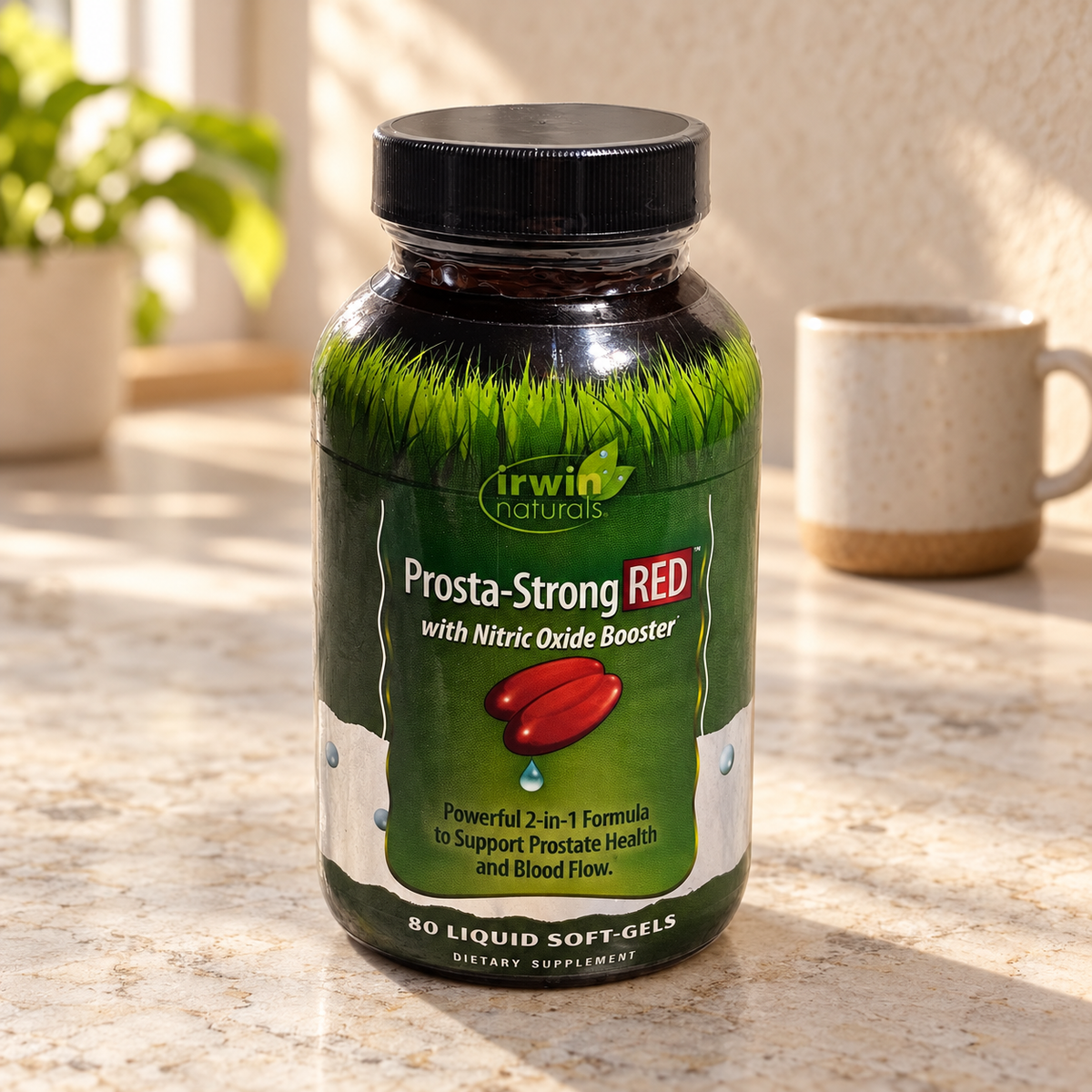 Irwin Naturals Prosta-Strong RED bottle on a dry stone counter beside a ceramic mug.