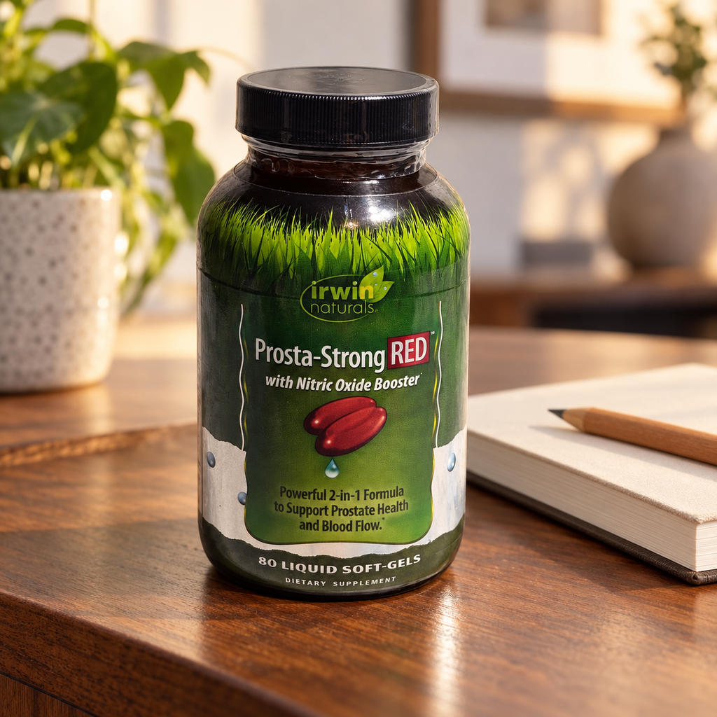 Irwin Naturals Prosta-Strong RED bottle on a walnut sideboard beside a notebook and pencil.