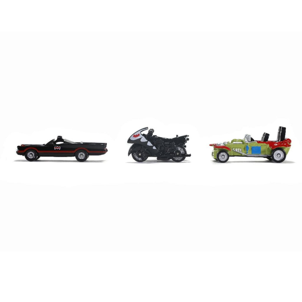 Side views of the Jada Nano Batman Classic TV Series Batmobile, Batcycle and Jokermobile