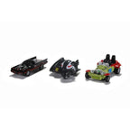 Jada Nano Batman Classic TV Series set showing the Batmobile, Batcycle with sidecar and Jokermobile from a front three-quarter view