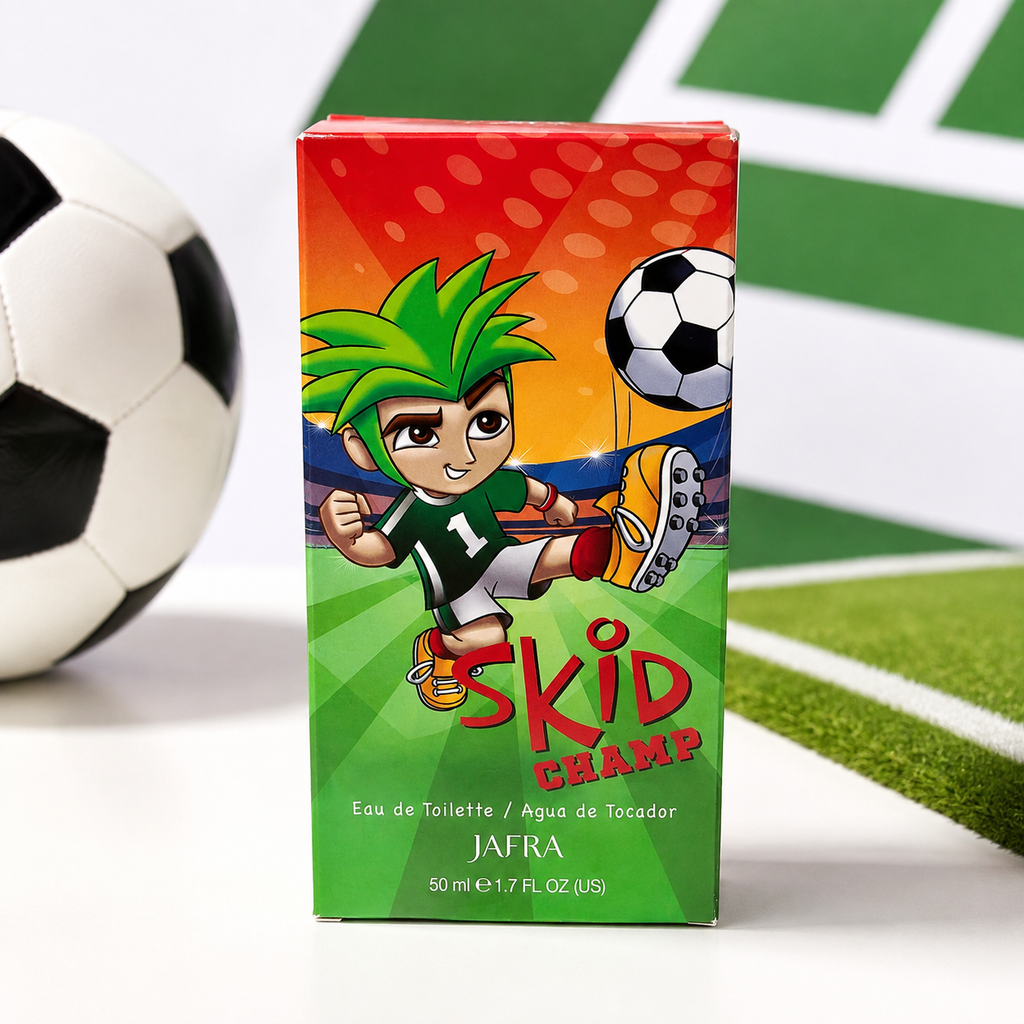 AI-generated soccer context image of JAFRA Skid Champ Eau de Toilette 50 ml retail box.