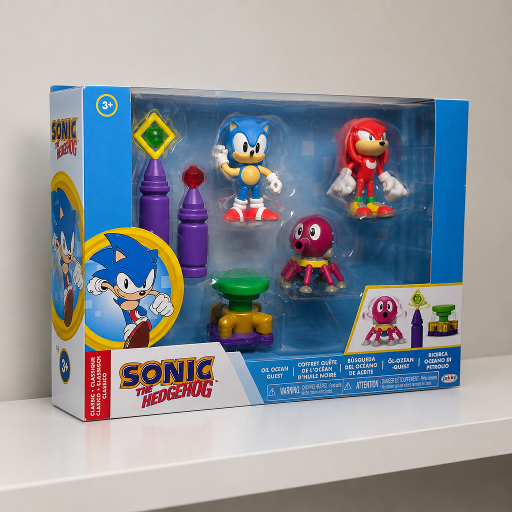 AI-generated angled boxed view of the Sonic the Hedgehog Oil Ocean Quest 2.5-inch diorama set showing the retail window package.
