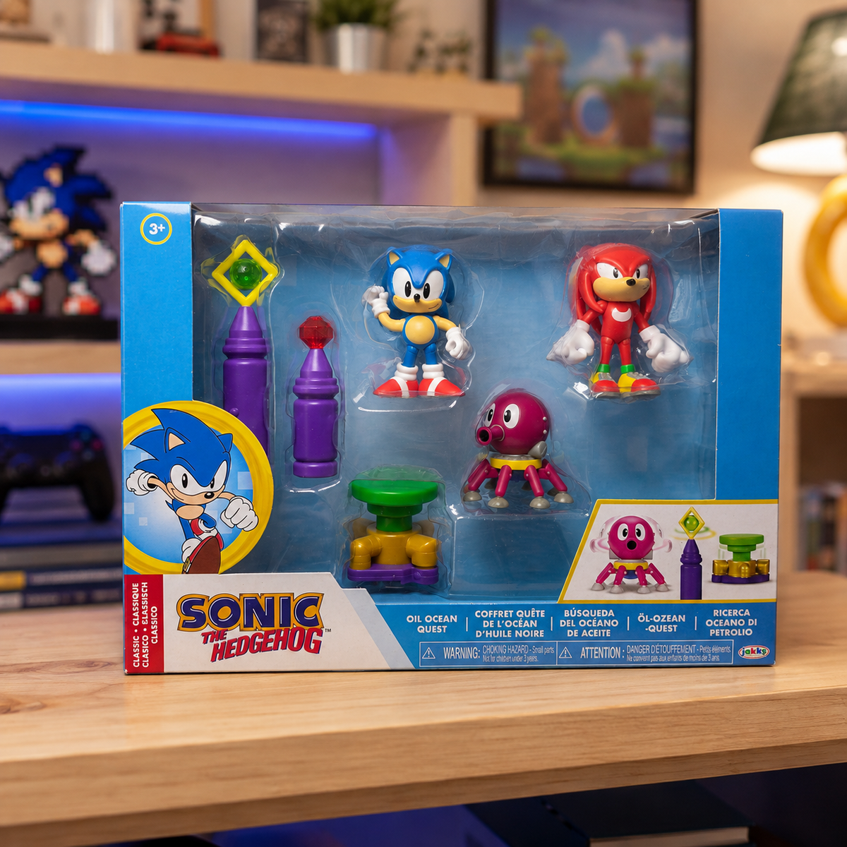 AI-generated collector shelf context image of the boxed Sonic the Hedgehog Oil Ocean Quest 2.5-inch diorama set.