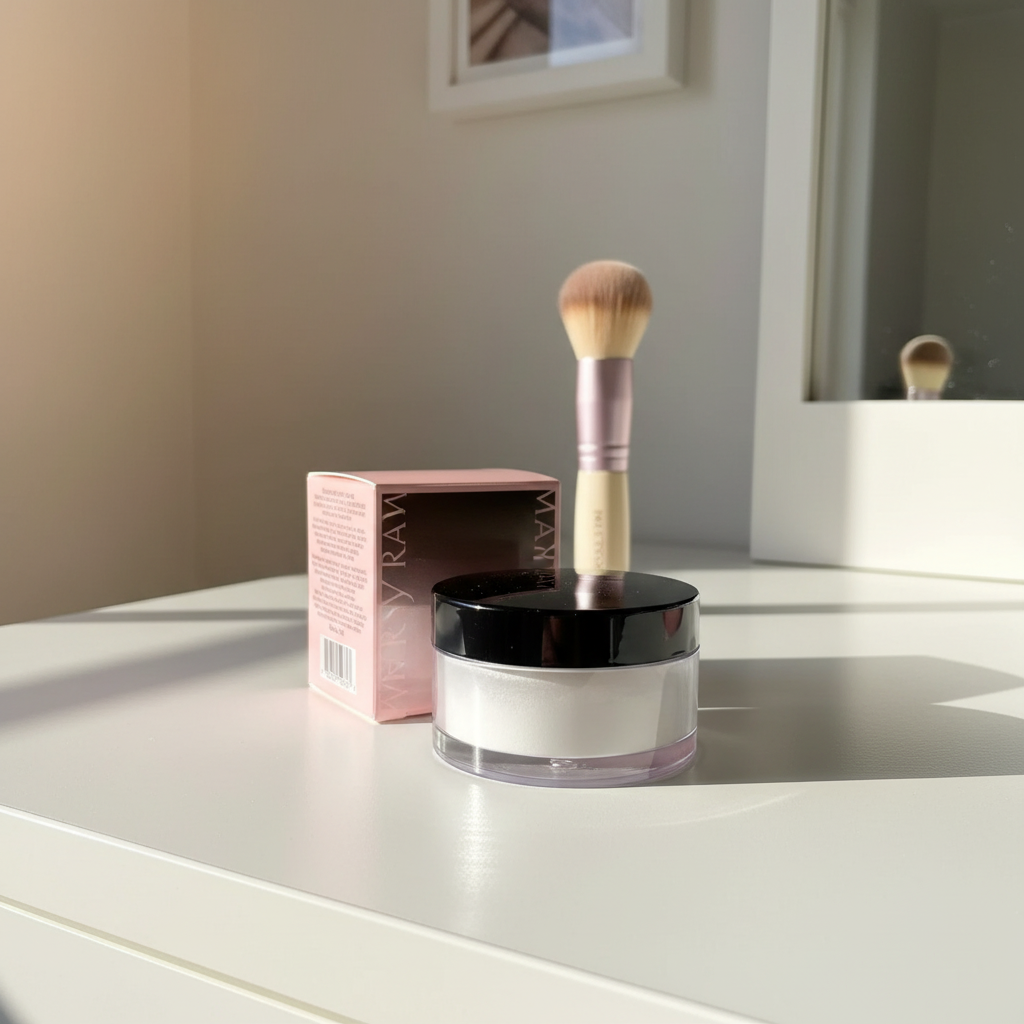 Jar on a vanity table with a makeup brush
