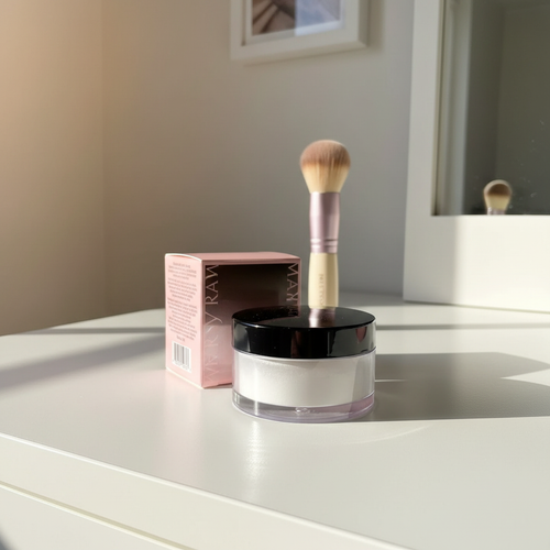 Jar on a vanity table with a makeup brush
