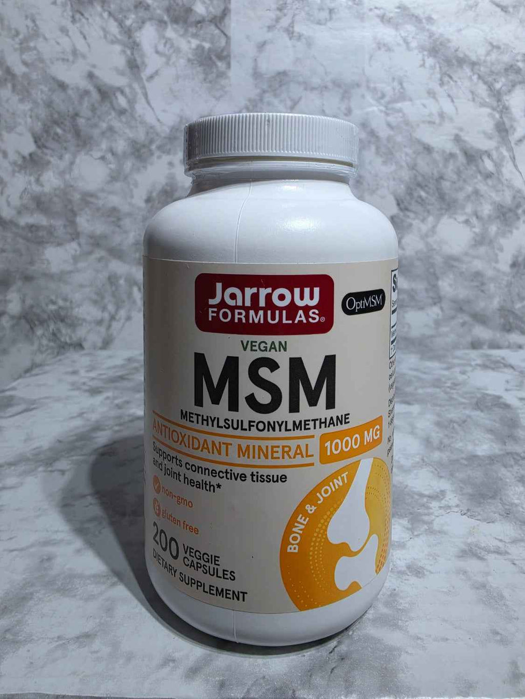 Actual stocked Jarrow Formulas Vegan MSM 1000 mg bottle, 200 veggie capsules