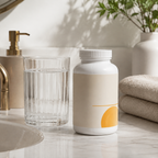 AI-generated rear view of a white MSM supplement bottle beside water on a bathroom vanity
