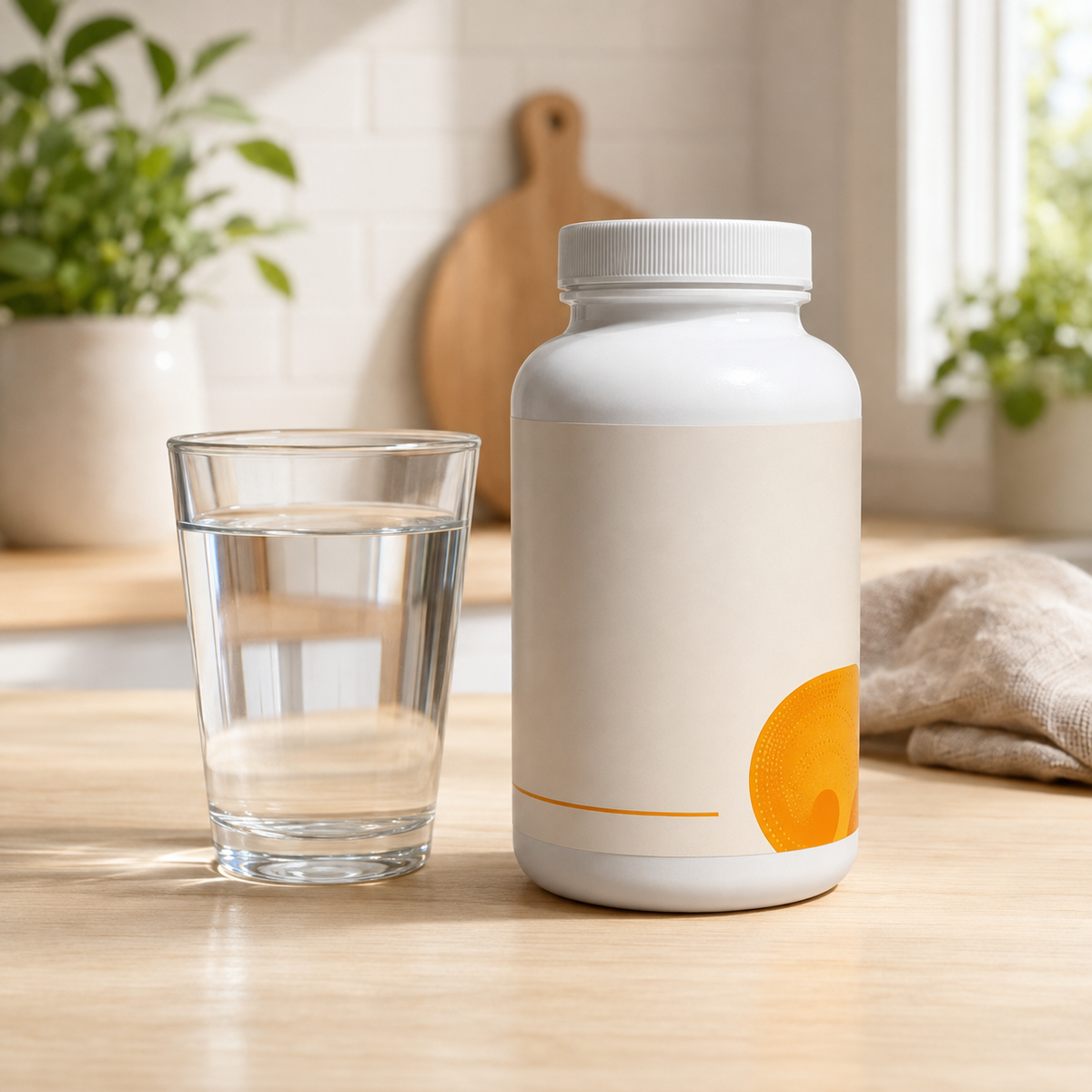 AI-generated rear view of a white MSM supplement bottle beside water on a kitchen counter
