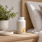 AI-generated rear view of a white MSM supplement bottle on a nightstand