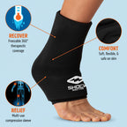 Black compression sleeve on a foot with features highlighted, including 'Recover', 'Comfort', and 'Relief'.