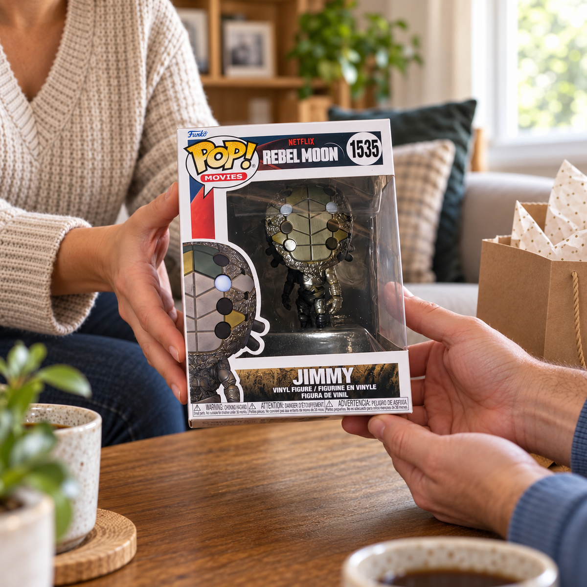 Boxed Funko Pop! Jimmy #1535 being exchanged as a gift.