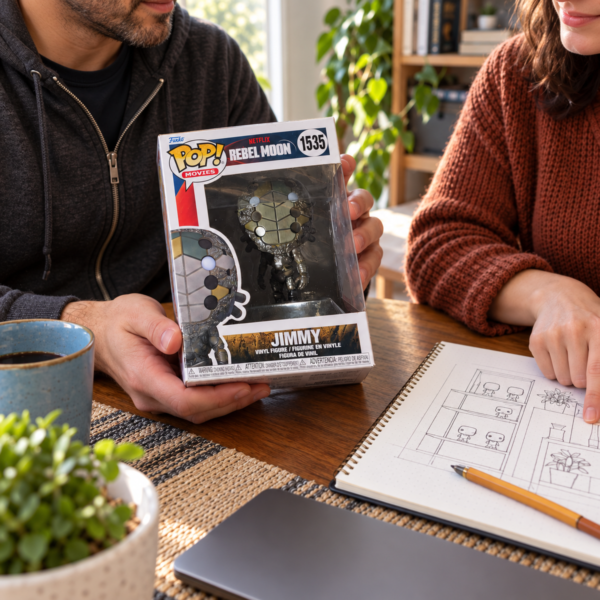 Boxed Funko Pop! Jimmy #1535 beside a sketched collection display plan.