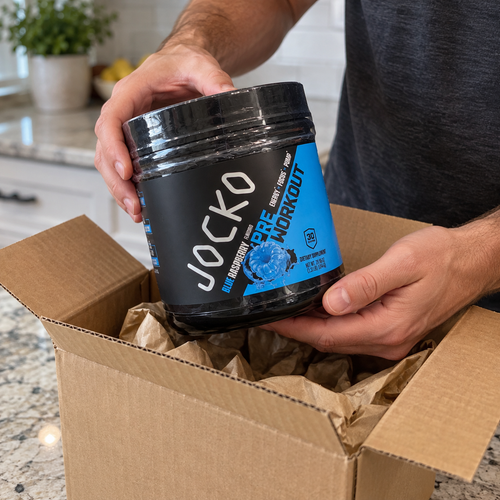 Unpacking a Jocko Blue Raspberry Pre-Workout tub