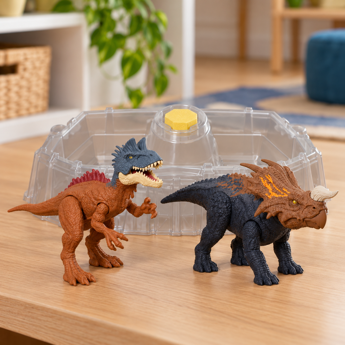 Piatnitzkysaurus and Einiosaurus in their revealed colors with the empty battle arena and sponge on a playroom table.