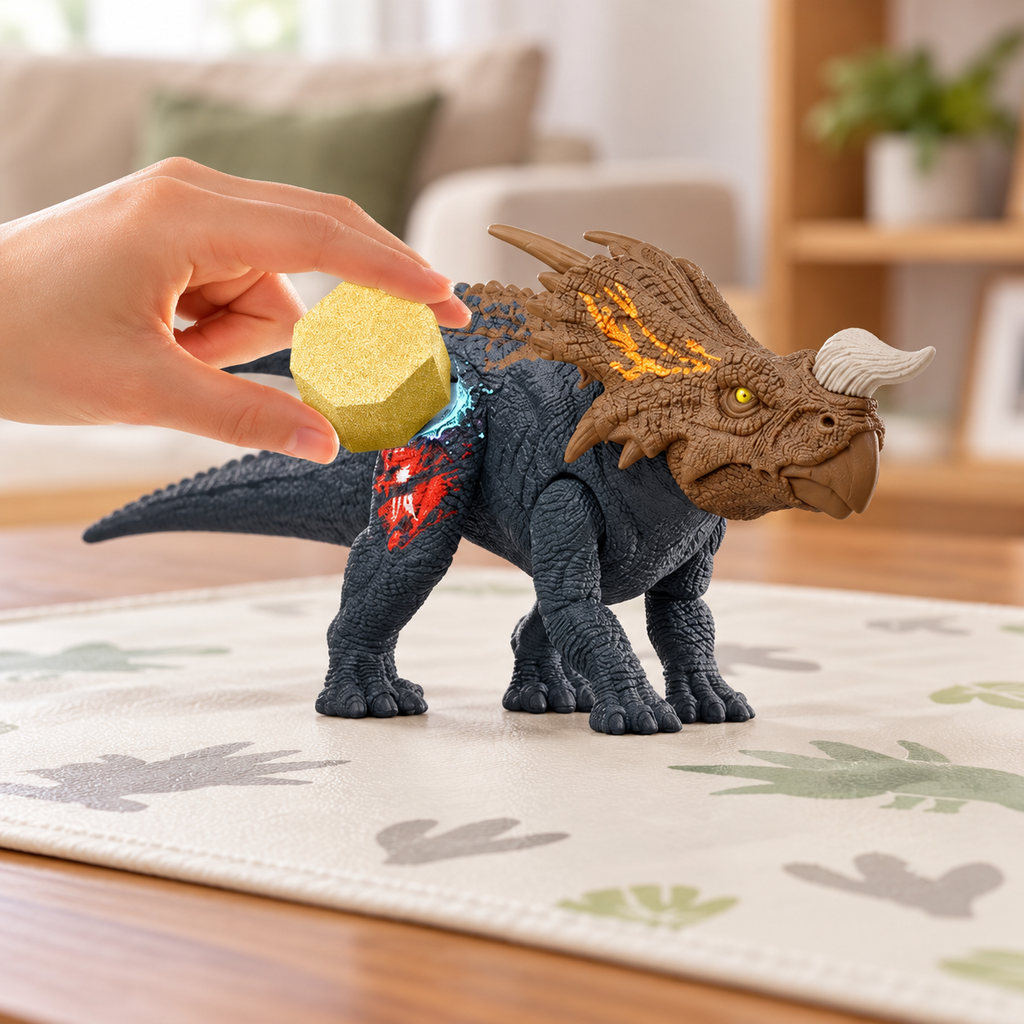 Hand using the yellow sponge on the Einiosaurus figure’s red battle-damage area.