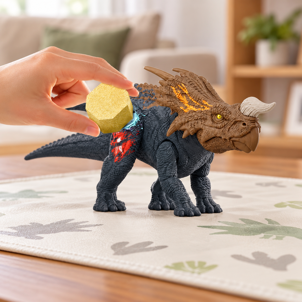 Hand using the yellow sponge on the Einiosaurus figure’s red battle-damage area.