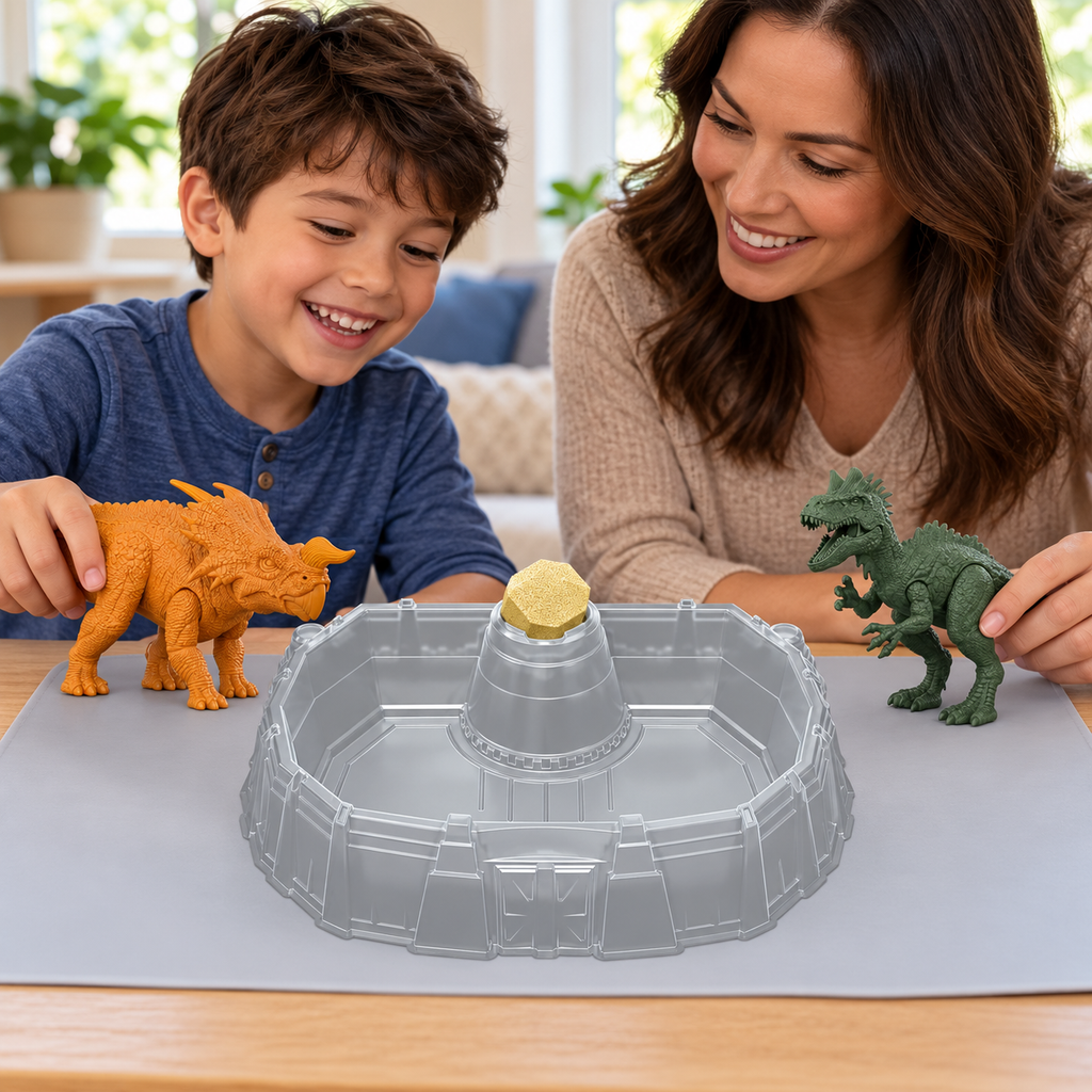 Parent and child preparing the amber and green Jurassic World Dino Reveal figures beside the battle arena and sponge.