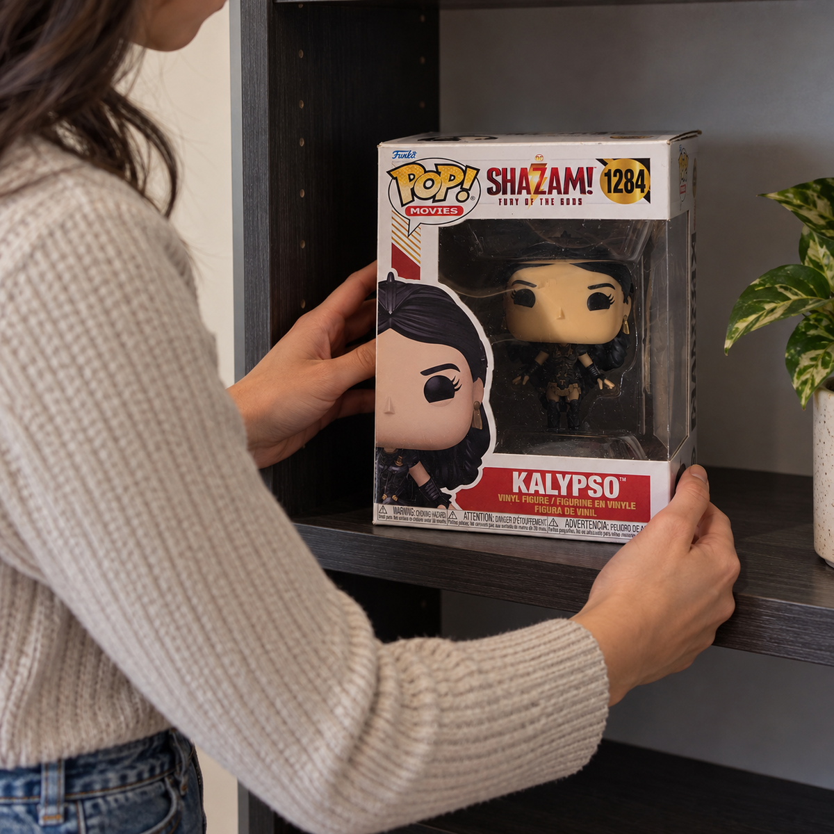 Boxed Funko Pop! Kalypso #1284 being placed on a display shelf.