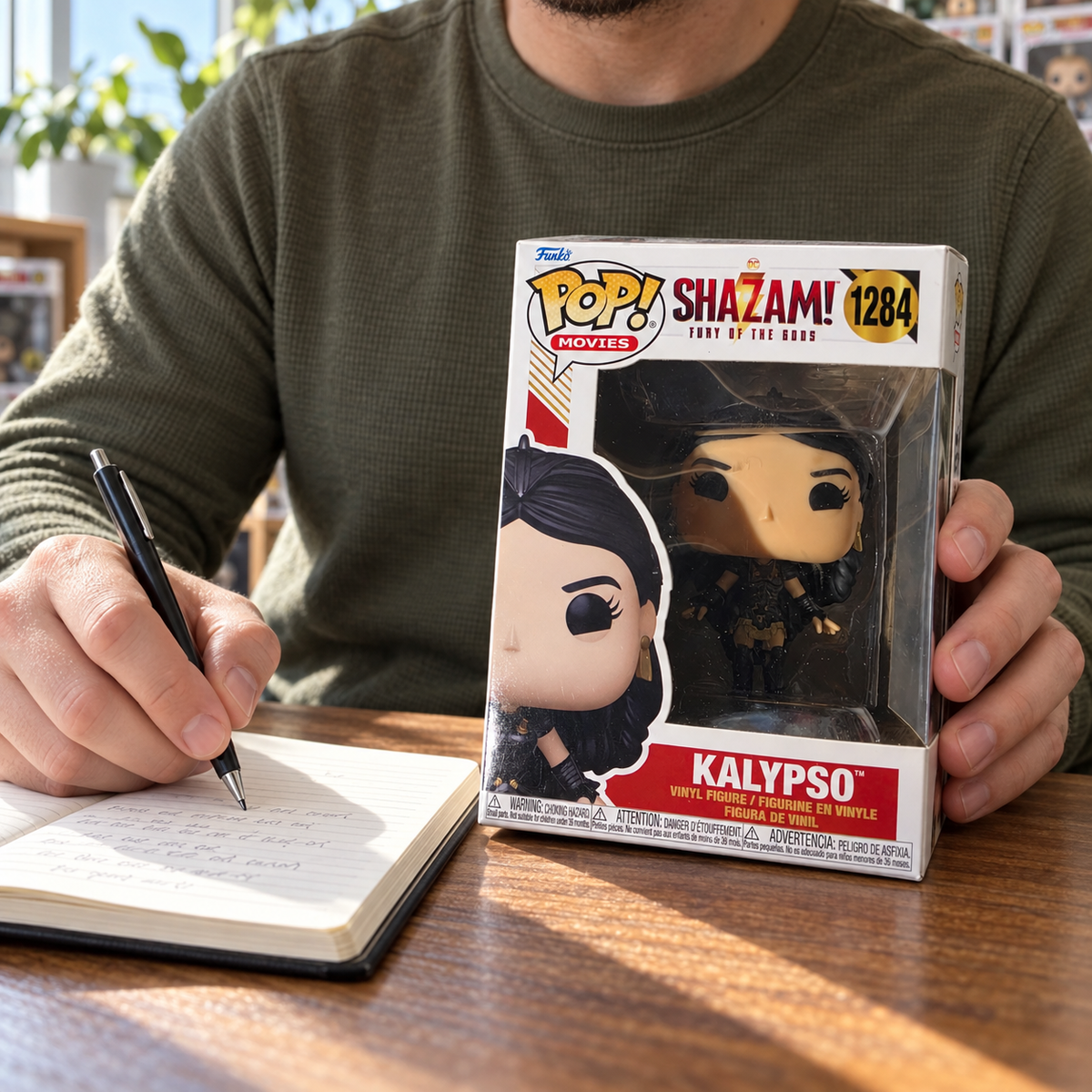 Boxed Funko Pop! Kalypso #1284 being recorded in a collector's notebook.