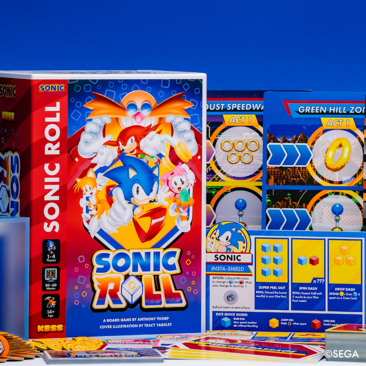 Product image for KESS Sonic Roll board game showing the box, player board, and game components.