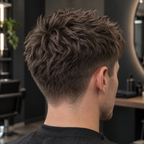AI-generated context showing a short textured hairstyle with a matte finish in a salon
