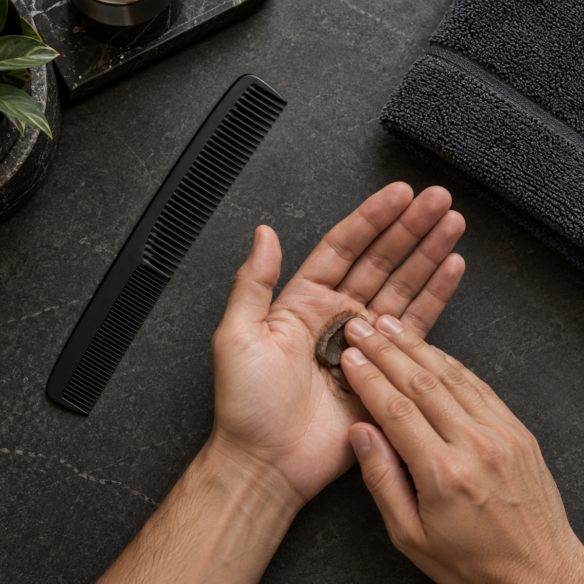 AI-generated context showing a small amount of styling clay being worked between hands beside a comb