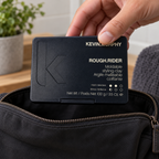Hand placing a closed KEVIN.MURPHY ROUGH.RIDER 100 g case into an open toiletry bag.