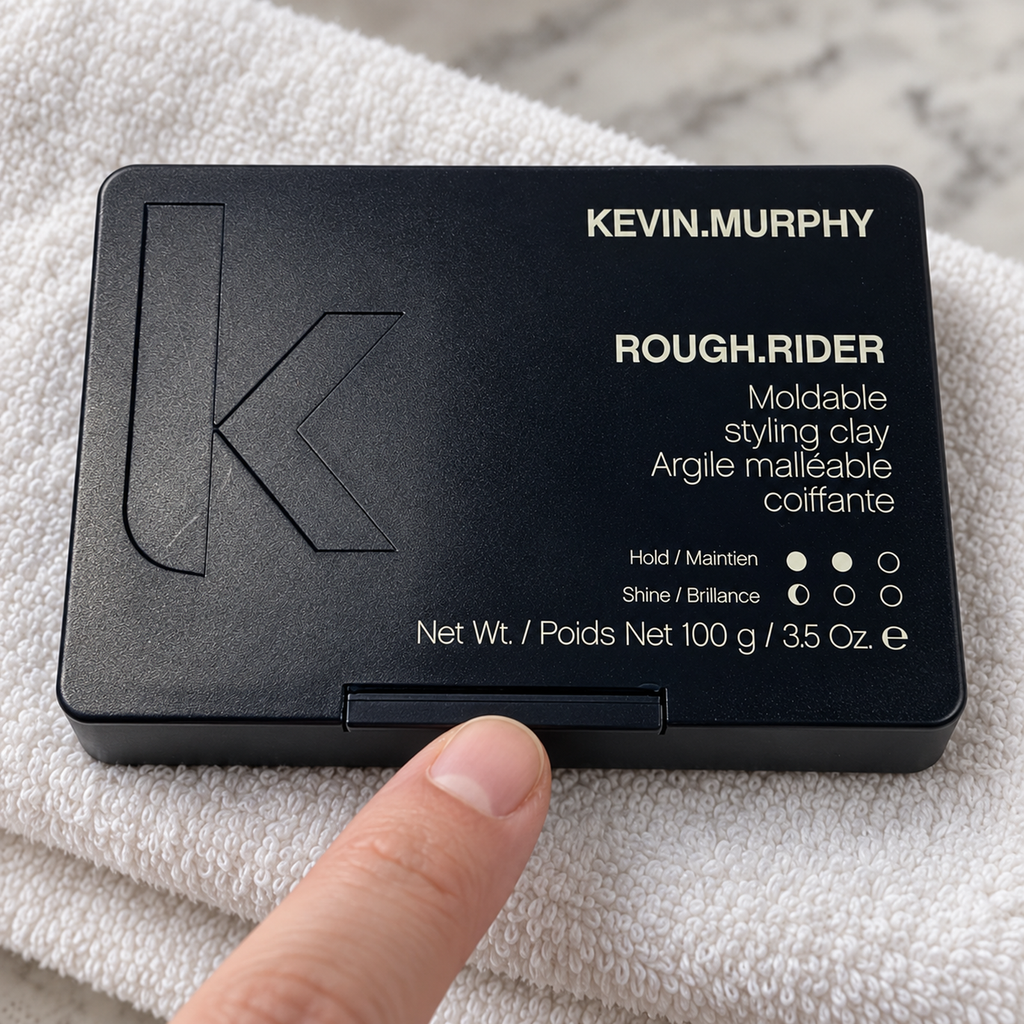 Close view of the closed KEVIN.MURPHY ROUGH.RIDER 100 g case with a fingertip at its front lip.