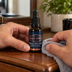Wiping the exterior of the English-and-French label King C. Gillette Beard Oil bottle