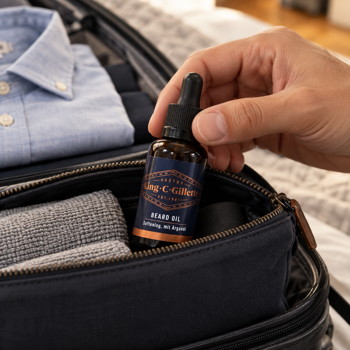Packing the German-label King C. Gillette Beard Oil bottle in a travel pouch