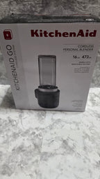 Front of the KitchenAid Go KSBR256BM cordless personal blender box, showing the matte black 16 oz battery-included model