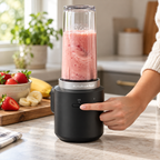 KitchenAid Go cordless personal blender making a strawberry smoothie on a dry kitchen counter