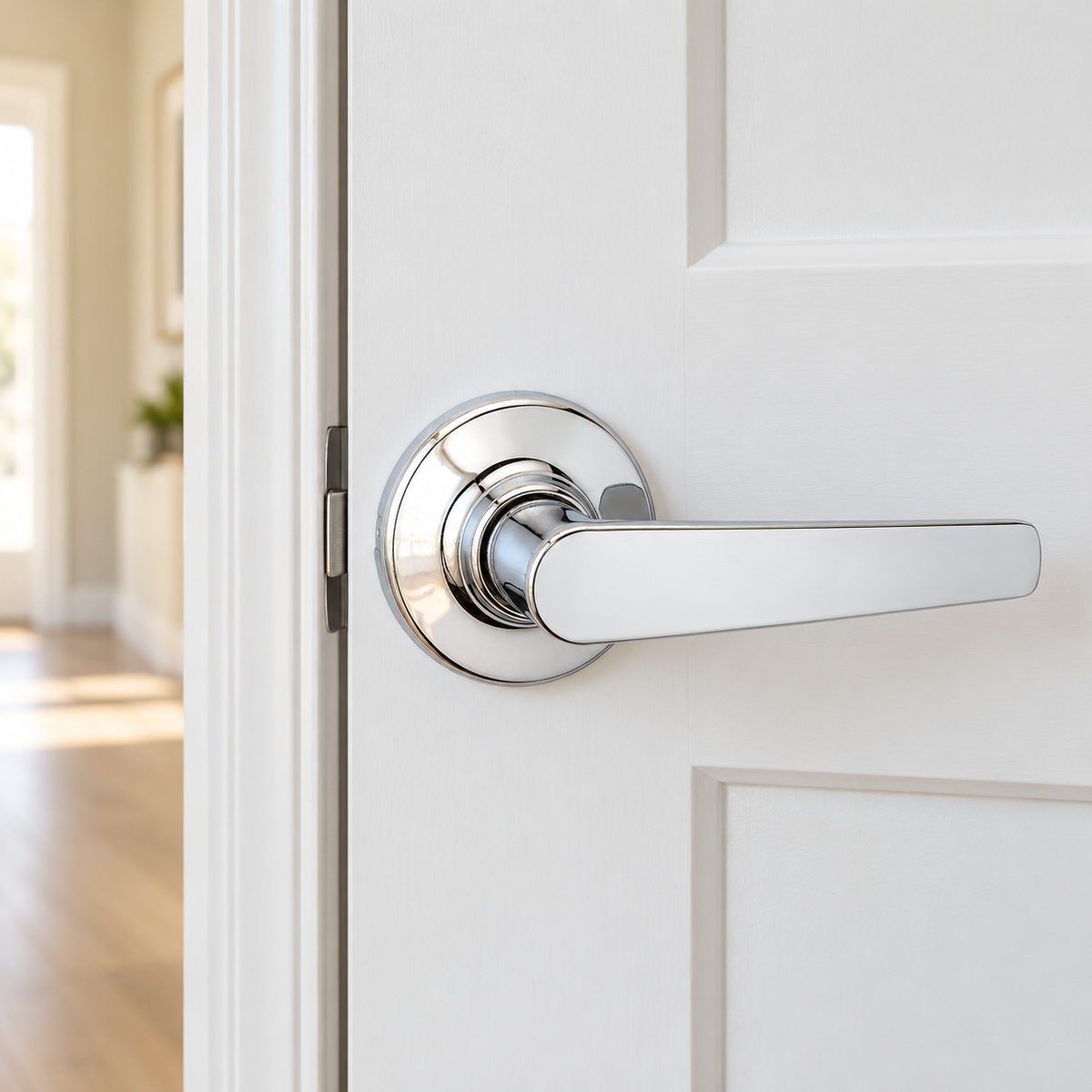 Kwikset Delta polished chrome passage lever on a white interior door, lifestyle illustration; AI-staged composite.
