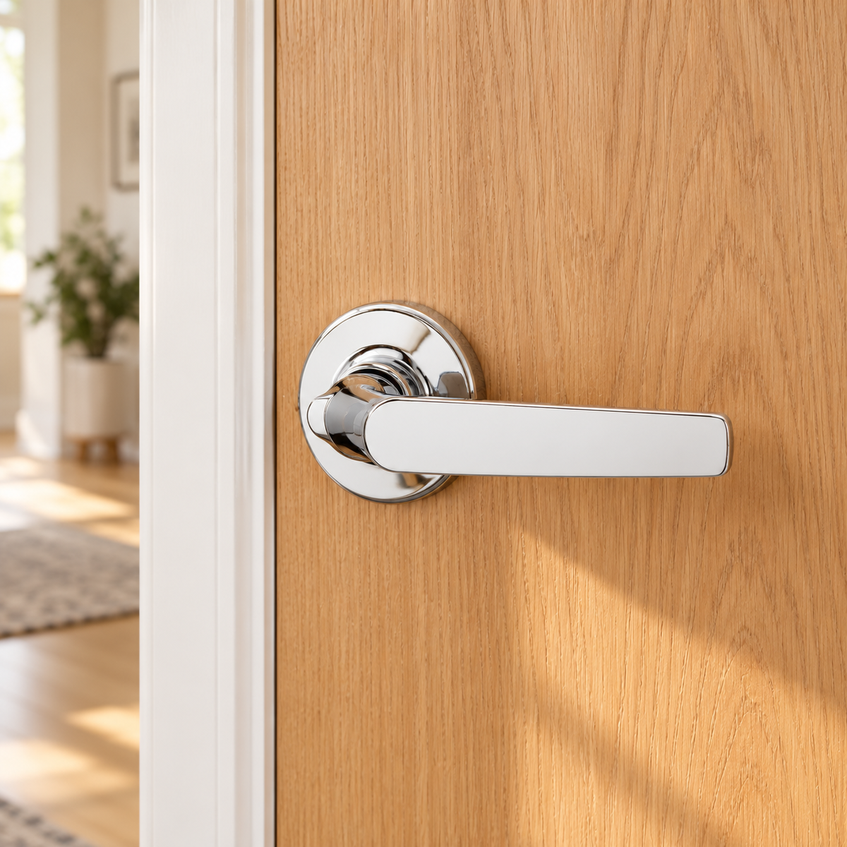 Kwikset Delta polished chrome passage lever on an oak interior door, lifestyle illustration; AI-staged composite.