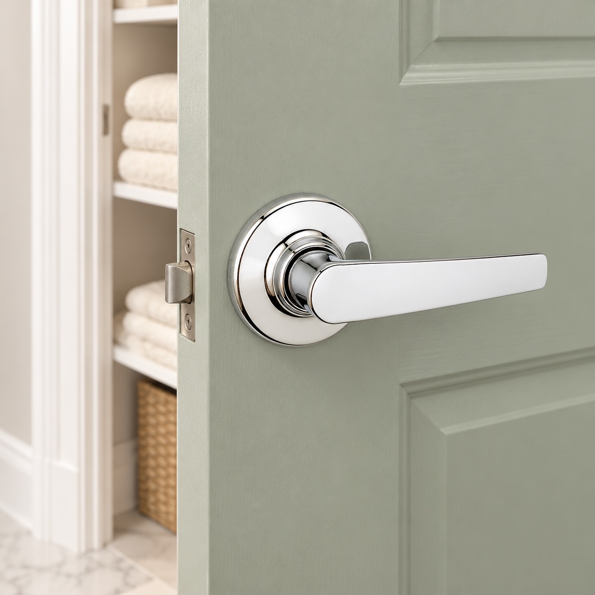 Kwikset Delta polished chrome non-locking lever on a sage linen closet door, lifestyle illustration; AI-staged composite.