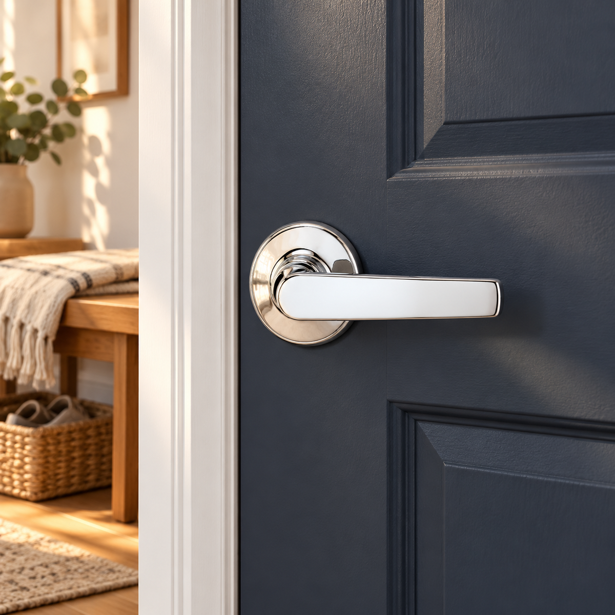 Kwikset Delta polished chrome passage lever on a navy coat closet door, lifestyle illustration; AI-staged composite.