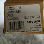 Actual Kwikset Safe Lock Layton box label showing SL7000LY LH 15, satin nickel and UPC 059184324143