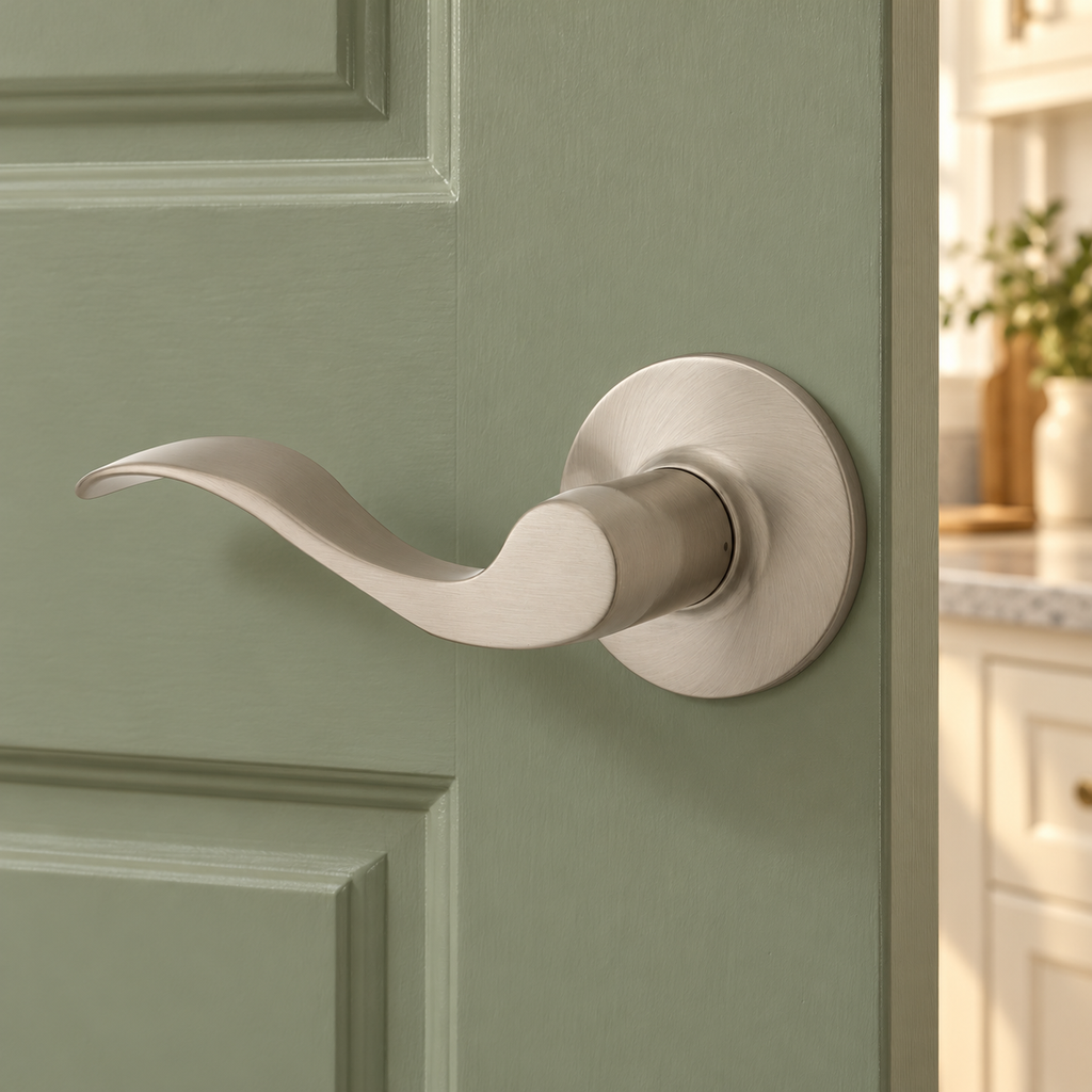 AI-staged lifestyle view of the satin nickel Kwikset Layton left-hand dummy lever on a sage pantry door