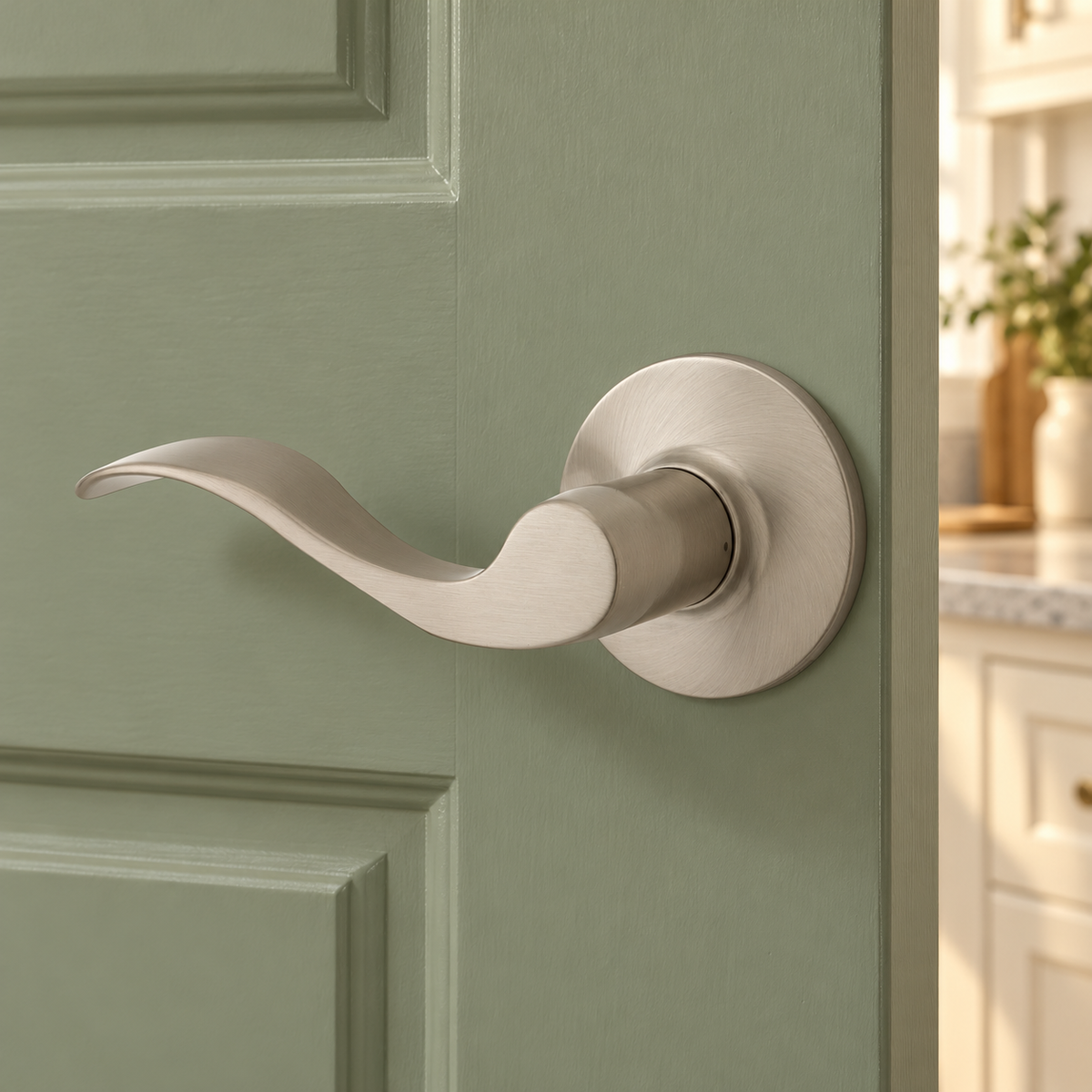 AI-staged lifestyle view of the satin nickel Kwikset Layton left-hand dummy lever on a sage pantry door