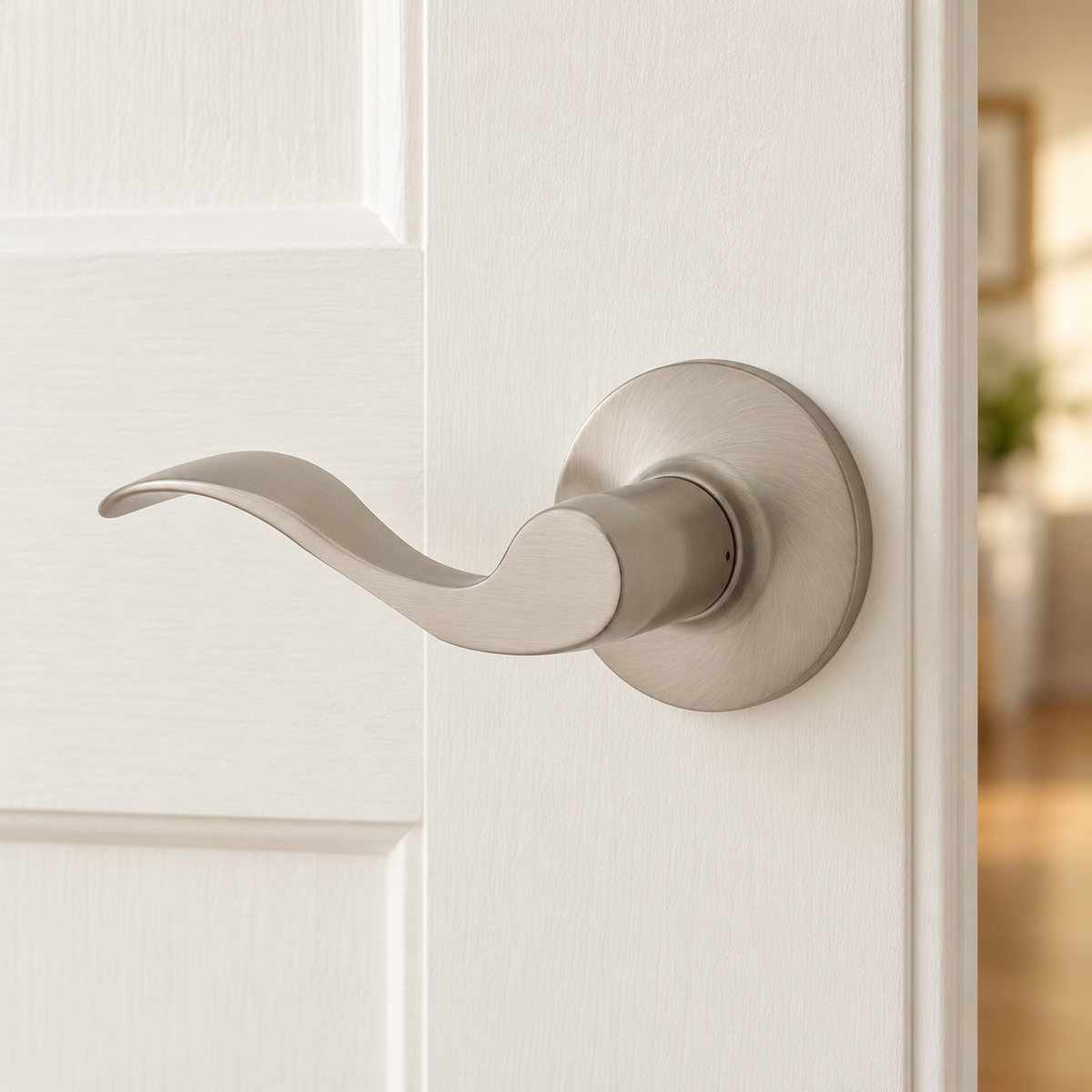 AI-staged lifestyle view of the satin nickel Kwikset Layton left-hand dummy lever on a white closet door