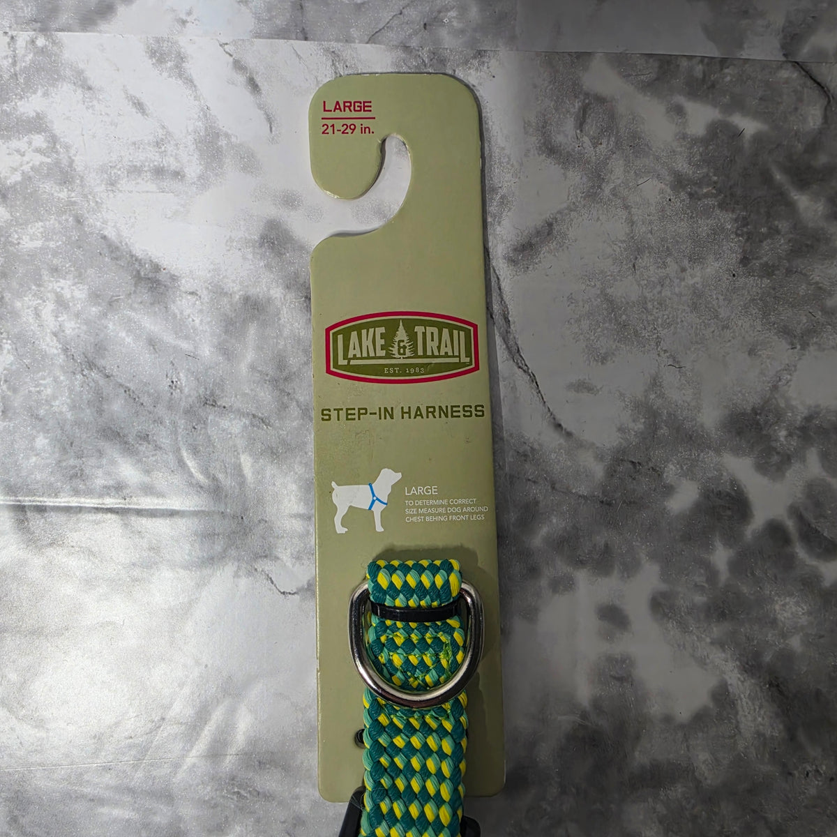Lake & Trail large green braided step-in dog harness front package size 21 to 29 inches