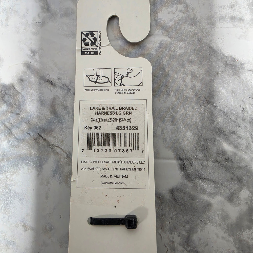 Lake & Trail large green step-in dog harness back label with UPC and size