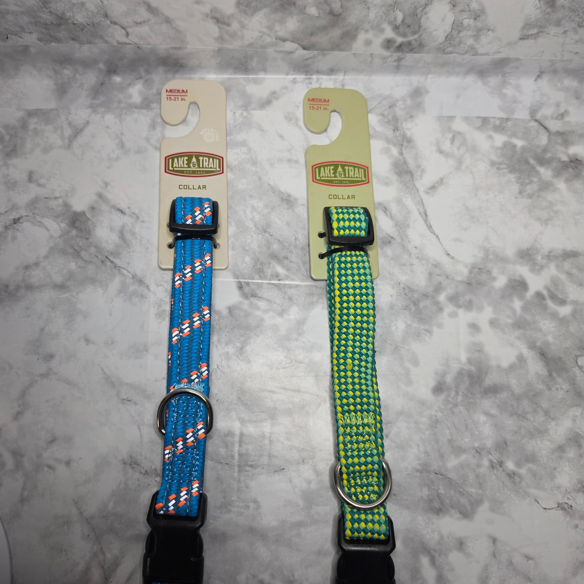 Lake & Trail medium braided dog collars blue and green front packages 15 to 21 inches