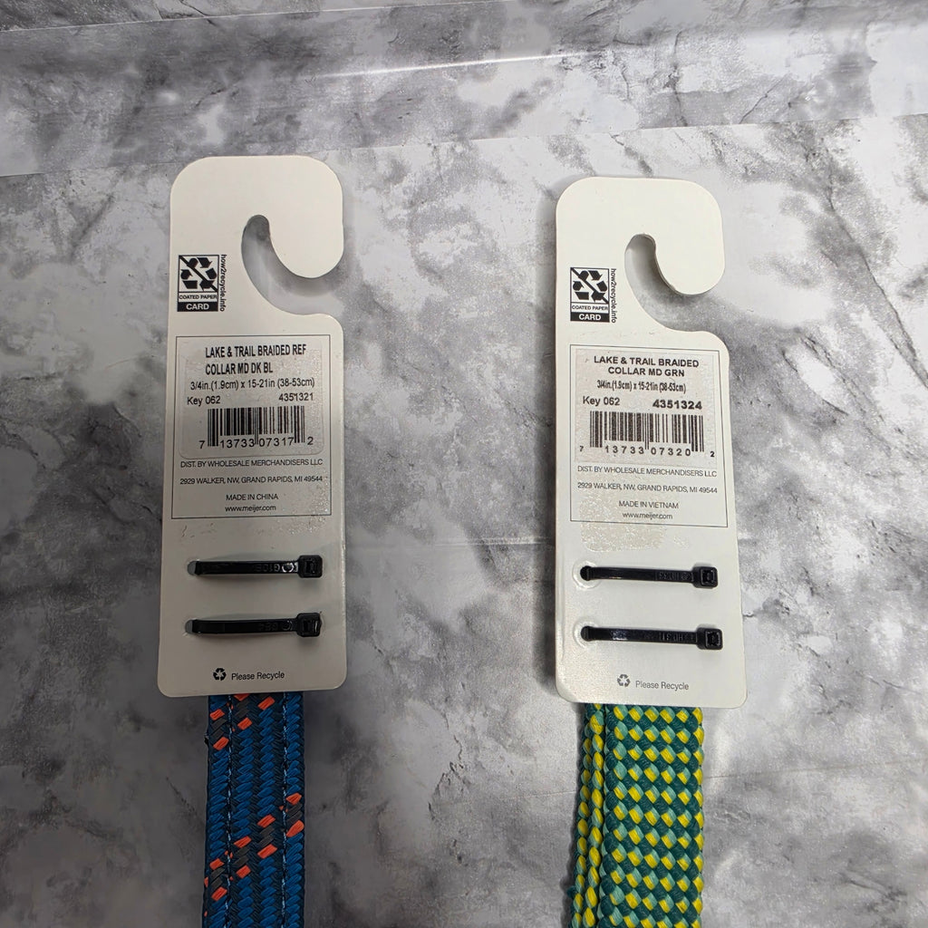 Lake & Trail medium braided dog collar back labels for dark blue and green variants