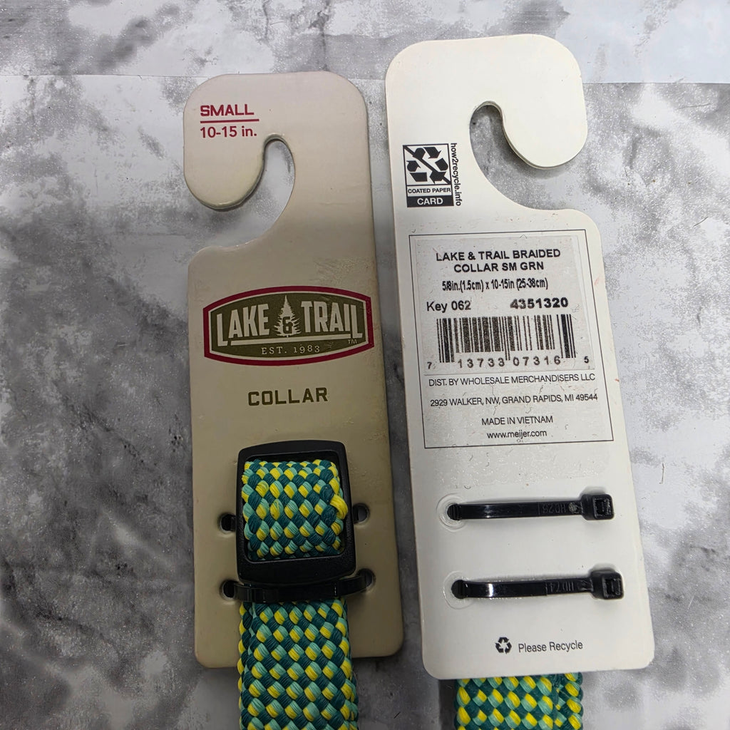 Lake & Trail small green braided dog collar UPC label and size 10 to 15 inches