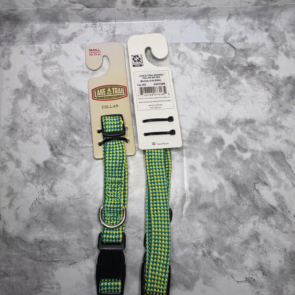 Lake & Trail small green braided dog collars front and back label 10 to 15 inches
